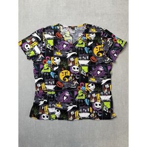 Women's Disney Nightmare Before Christmas V Neck Scrub Top w/Pockets Halloween L